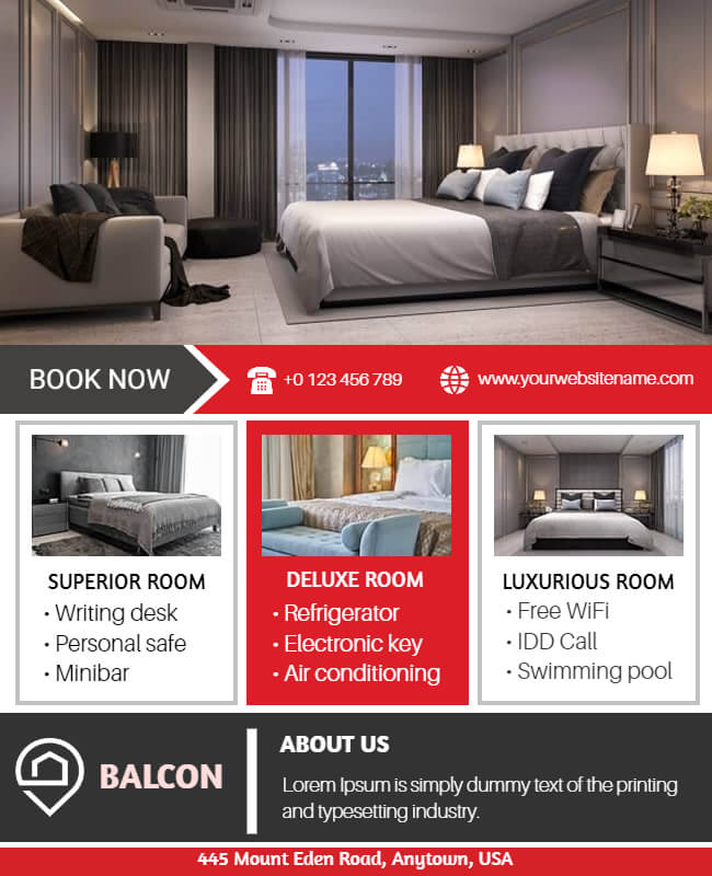 White and Crimson Hotel Flyer Templates