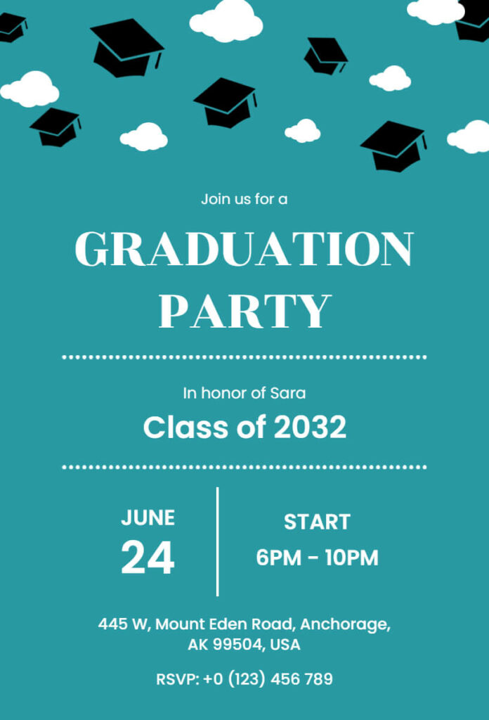 Turquoise Illustrated Cap Graduation Party Flyer 