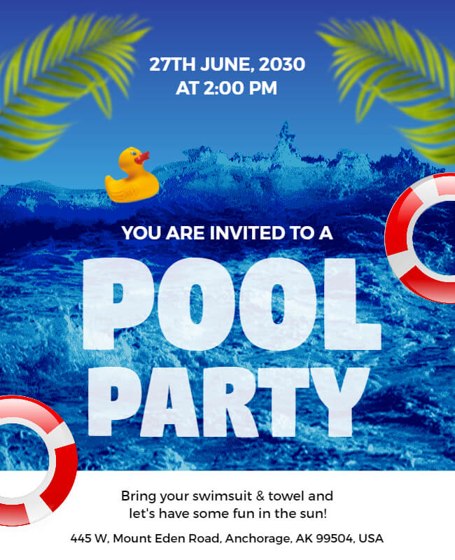 Blue And White Tropical Pool Party Flyer Templates