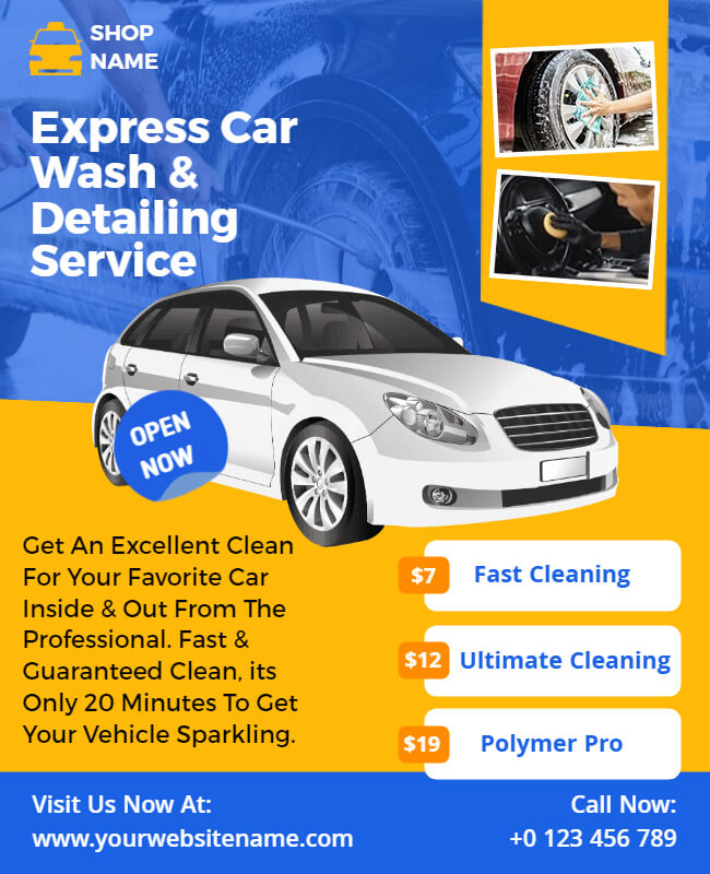blue and yellow car wash service flyer