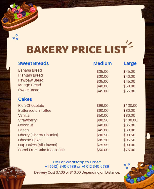 Wooden Bakery Price List Flyer