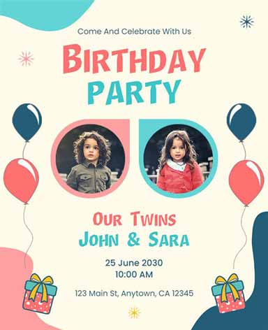 Modern Twins Birthday Party Flyer Template