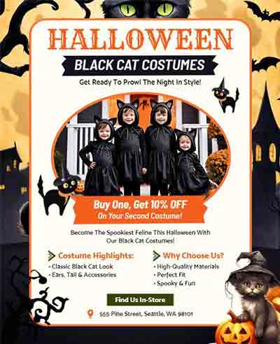 Modern Black Cat Halloween Costume Store Flyer Template