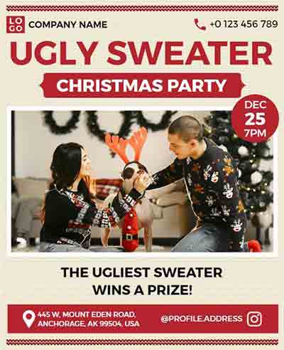 Vector Ugly Sweater Christmas Party Flyer Template