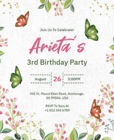 Floral 3rd Birthday Party Flyer Template