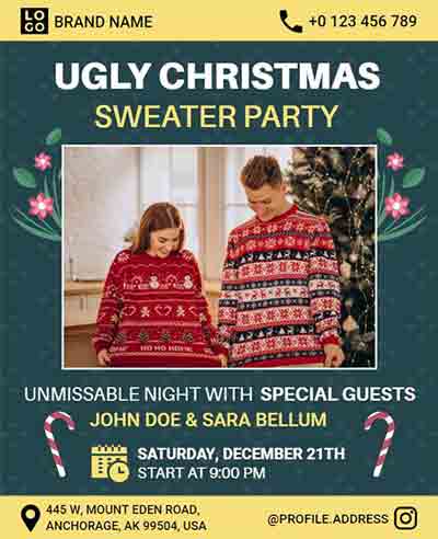 Floral Ugly Christmas Sweater Party Flyer Template