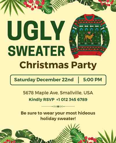 Floral Ugly Sweater Christmas Party Flyer Template