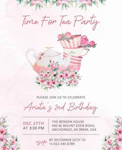 Watercolor Birthday Tea Party Flyer Template